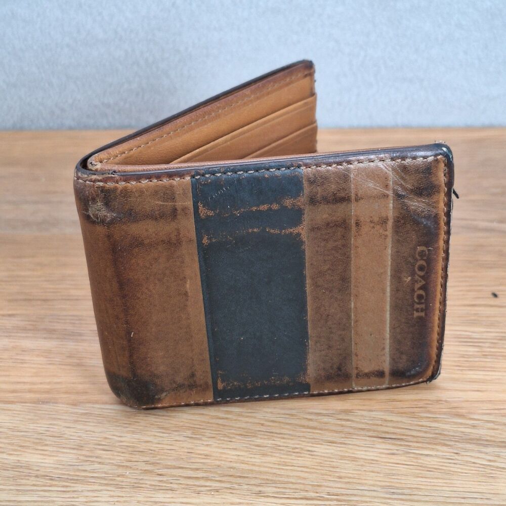 Coach Wallet Bifold Men’s Brown Leather Stripe Distressed Vintage Patina